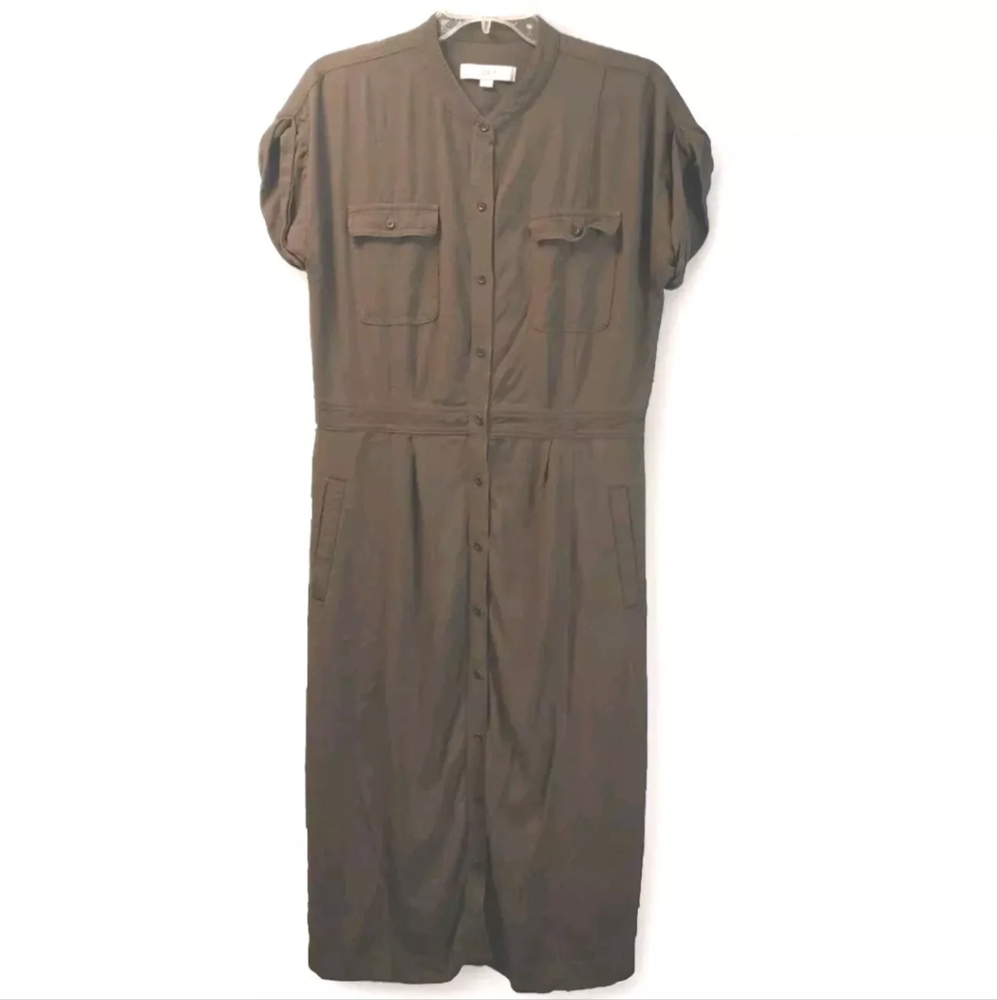 Loft Midi Shirt Dress Large Olive Green Button Boho Academia Preppy Cap Sleeves